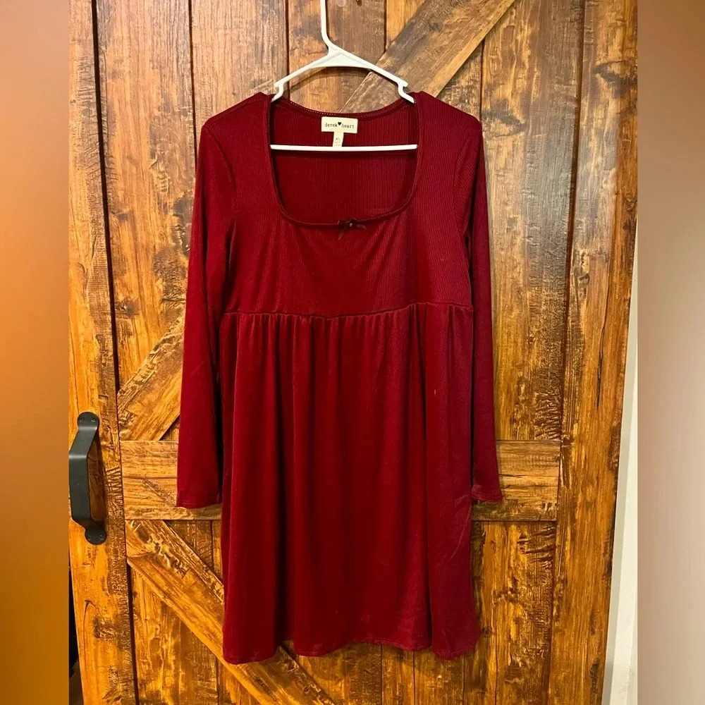 NWT Derek heart Womens burgundy cotton long sleeve mini dress‎ size Large